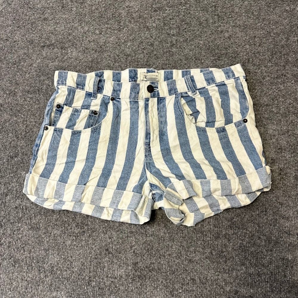 Forever 21 Shorts Womens Size 29 Blue White Striped Denim Cuffed High Waisted